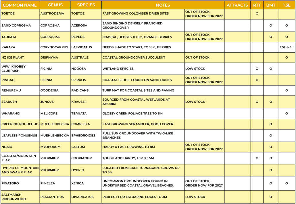 Plant Hawkes Bay coastal beach species plant list