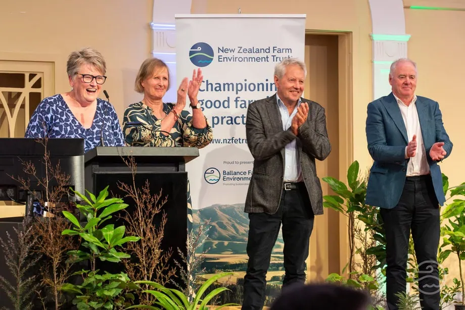 Marie Taylor, Rob and Coral Buddo accepting award at the 2026 East Coast Ballance Farm Environment Awards.