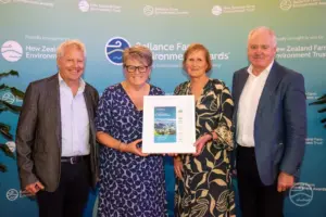 Marie Taylor, Rob and Coral Buddo accepting award at the 2026 East Coast Ballance Farm Environment Awards.