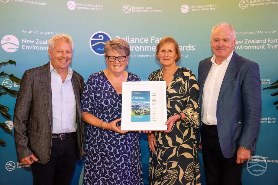 Marie Taylor, Rob and Coral Buddo accepting award at the 2026 East Coast Ballance Farm Environment Awards.